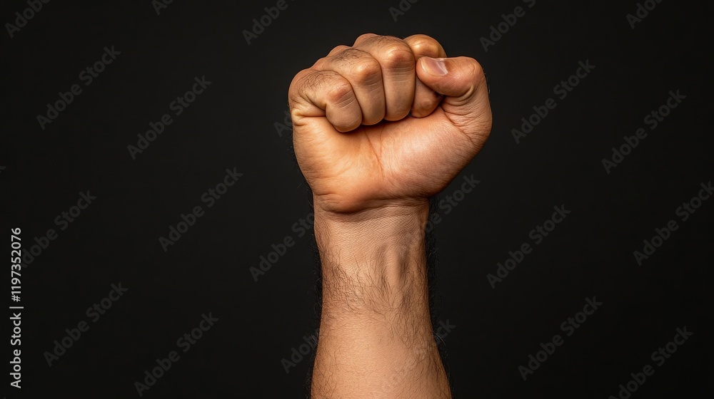Raised Fist of Resistance: A powerful close-up of a clenched fist, a universal symbol of solidarity, defiance, and strength, boldly raised against a dark backdrop. Raised Fist of Resistance: A powerful close-up of a clenched fist, a universal symbol of solidarity, defiance, and strength, boldly raised against a dark backdrop.