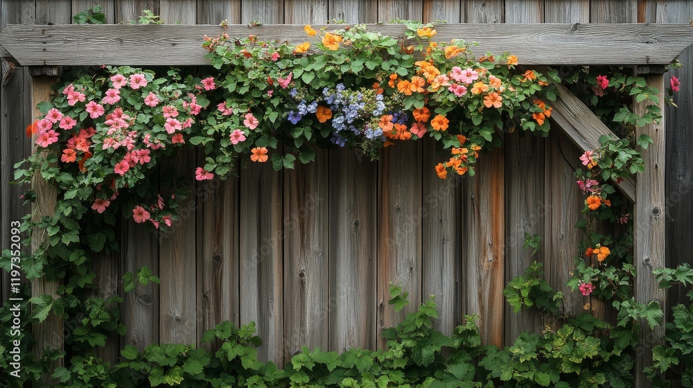 Fototapeta premium Wooden garden arbor adorned with vibrant flowers near a stone pathway in a serene outdoor setting