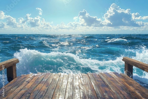 Waves crashing against a wooden dock under a bright blue sky on a sunny day