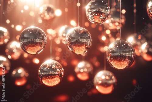 Reflective disco balls illuminate a vibrant party atmosphere with colorful li...