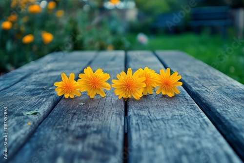 Bright yellow flowers in a pot on a rustic wooden table in a serene garden se...