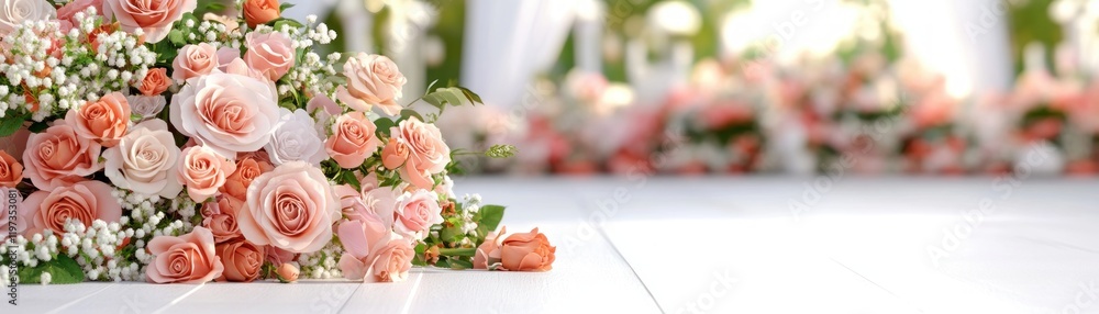 A breathtaking wedding aisle, adorned with cascading peach and blush roses, embodies elegance and the promise of forever love Picture perfect wedding ceremony decorations, romantic floral A breathtaking wedding aisle, adorned with cascading peach and blush roses, embodies elegance and the promise of forever love Picture perfect wedding ceremony decorations, romantic floral