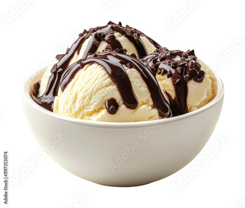 Indulging in cozy indoor delight vanilla ice cream scoop with rich chocolate sauce perfect for comfort food moments isolated on transparent background png photo