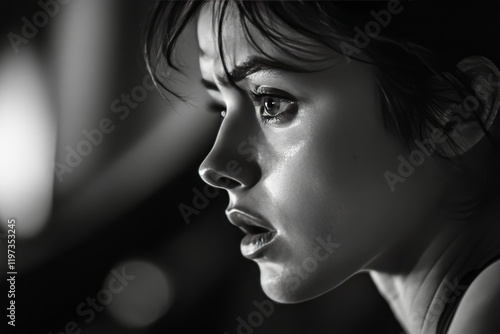 Intense close-up of a swimmer focusing before the dive in a training session ...