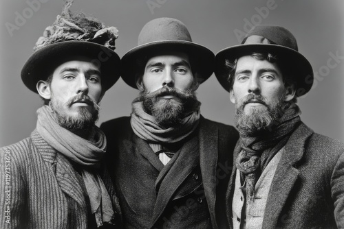 Three men posing together in stylish winter attire against a subtle backdrop