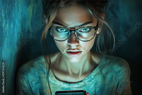 Young woman with glasses engaged with smartphone against textured gray wall
