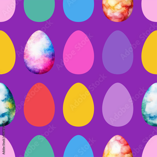 Adobe Illustrator ArtBright colored watercolor Easter eggs with flowers on purple background.  Easter seamless pattern, vector illustration.  Texture for fabric, wrapping, wallpaper, printwork