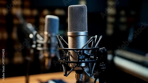 two microphones in recording studio, podcast concept
