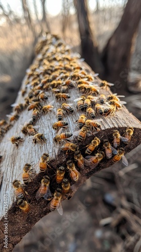 Swarm of bees gathering on a weathered log in a natural setting during daylight