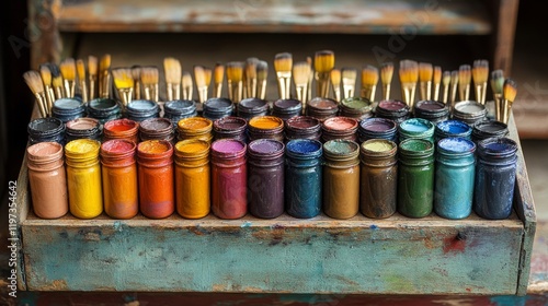 Artistic display of vibrant paint colors in glass jars arranged in a wooden box