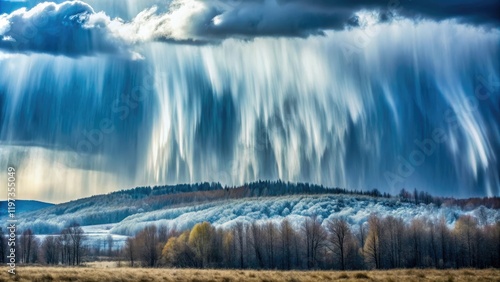 A unique blend of rain and snow forms a mesmerizing veil that shrouds the landscape, casting an ethereal glow, optical phenomenon, landscape