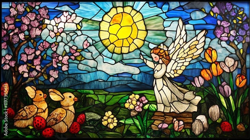 Delicate stained glass artwork featuring an angel among blooming flowers and animals under a radiant sun