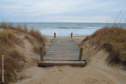 Wooden dock extending over tranquil blue waters on a sunny day near a sandy b...