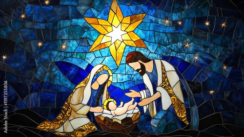 Mother and child depicted in stained glass featuring vibrant blues and rich mother of pearl accents