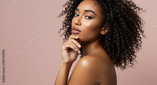 Beautiful Woman with Curly Hair Natural Makeup Skincare and Healthy Glow