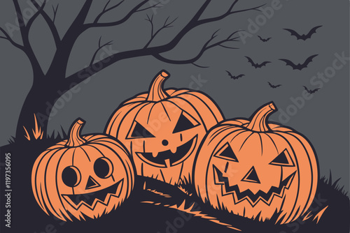 Halloween pumpkins, jack-o'-lanterns, glowing carved faces, eerie orange light, dark background, spooky atmosphere, multiple pumpkins, varied expressions, haunting smiles, photorealistic rendering, hi