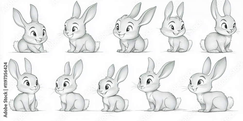 Fototapeta premium Cute bunny character designs showcasing various expressions and poses in a playful and whimsical style for animation projects