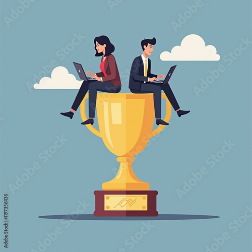 A businessman and a businesswoman sitting on trophies, each holding a laptop, showing analysis and evaluation of business performance to become the best in their respective fields. Vector illustration