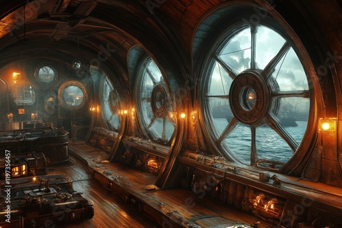 Interior of a classic boat with wooden decor and panoramic views of the seasi...