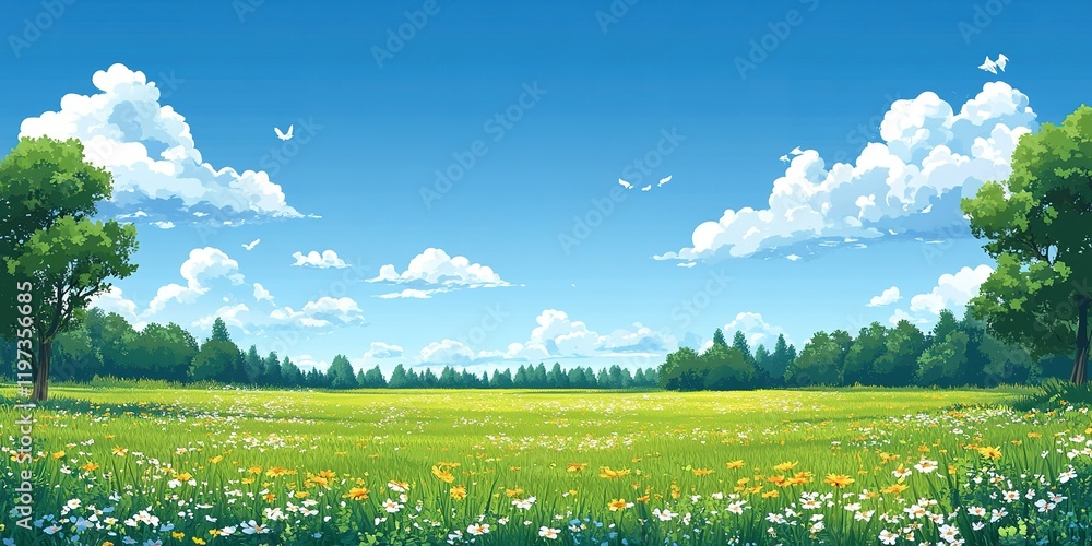 Fototapeta premium Bright summer meadow with blooming flowers under a clear blue sky during mid-afternoon