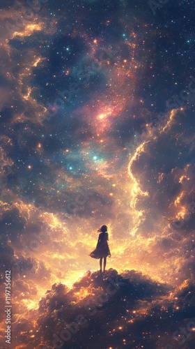 Young figure stands amongst cosmic clouds illuminated by vibrant stellar colo...
