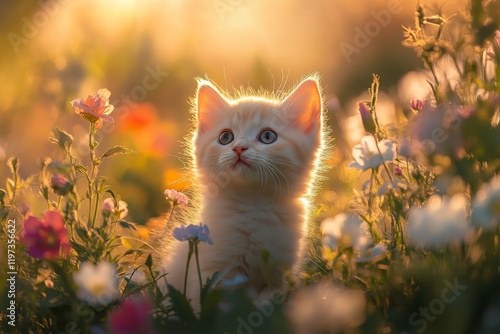 Cute kitten explores a flower-filled meadow during golden hour light