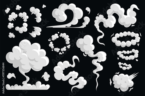 Cartoon smoke clouds or dust steam. design element, White aroma or toxic steaming. Smoky chemical comic book icons set Smoky vapor effect