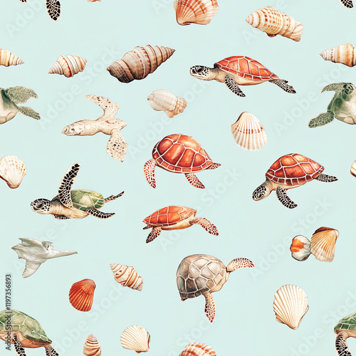 Sea turtle and seashell pattern with pastel marine texture background photo