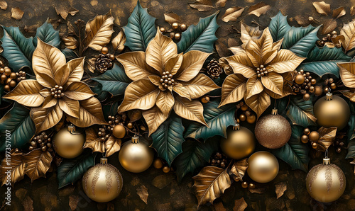 Gold poinsettia Christmas garland, dark background