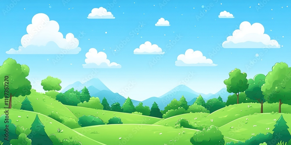 Naklejka premium Vibrant green landscape with rolling hills and fluffy clouds under a bright blue sky
