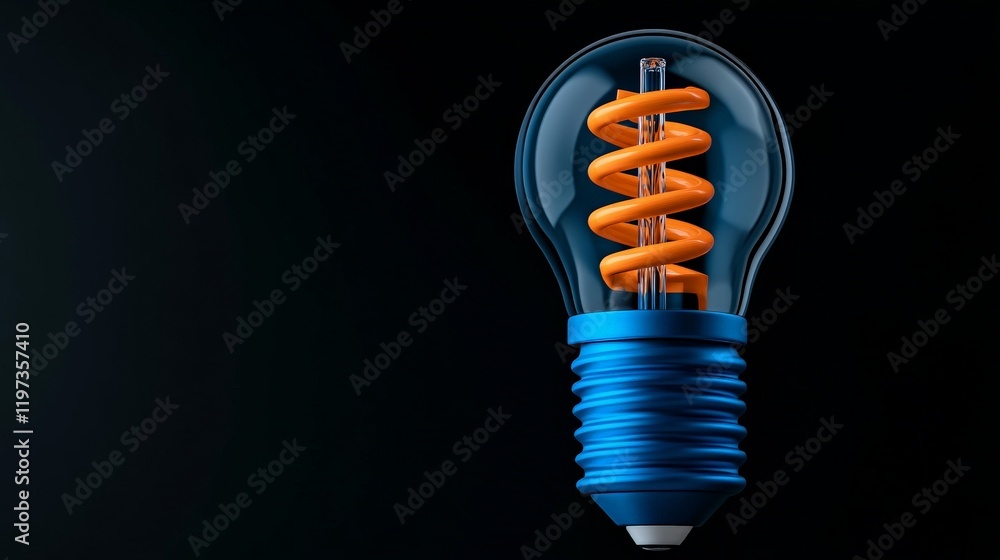 Illuminating Inspiration: A close-up shot of a bright orange lightbulb with a blue base against a dark background. The spiraled filament glows with a warm and inviting energy. Illuminating Inspiration: A close-up shot of a bright orange lightbulb with a blue base against a dark background. The spiraled filament glows with a warm and inviting energy.
