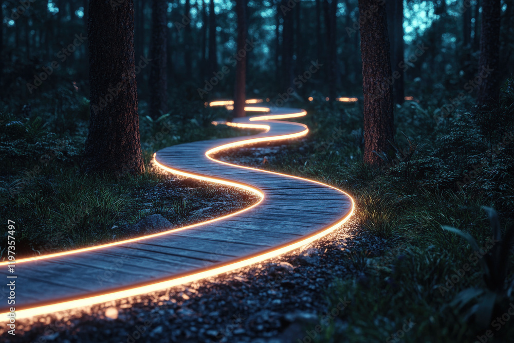 Fototapeta premium A winding, illuminated wooden path meanders through a dark, lush forest, creating a serene and enchanting atmosphere.