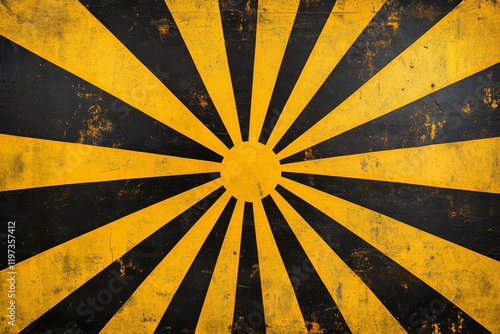 Bold yellow and black sunburst pattern on a weathered surface creating striki...