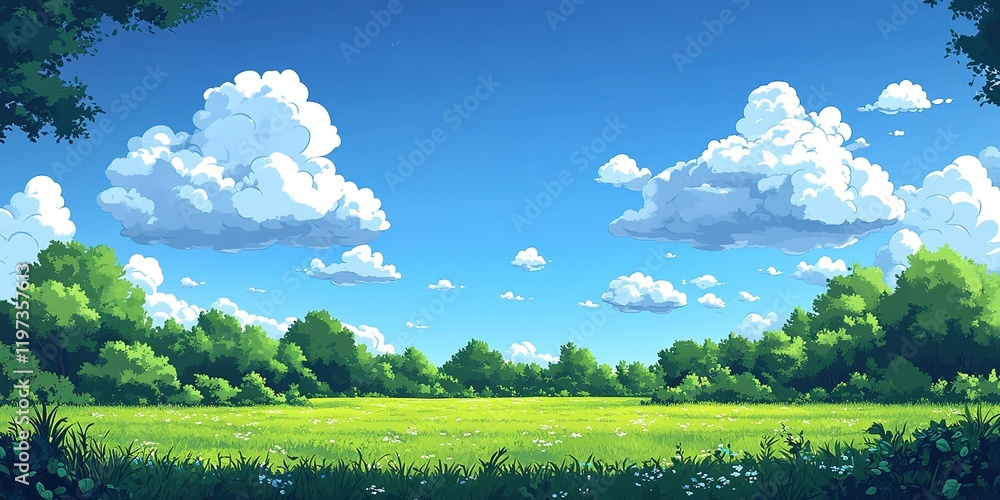 Obraz premium Bright blue sky with fluffy clouds above a lush green meadow during a sunny day in a tranquil nature setting