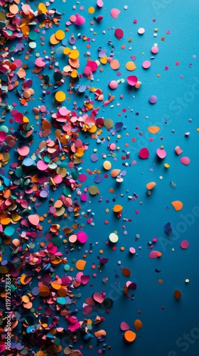Colorful confetti scattered on a vibrant blue background creating a festive a...