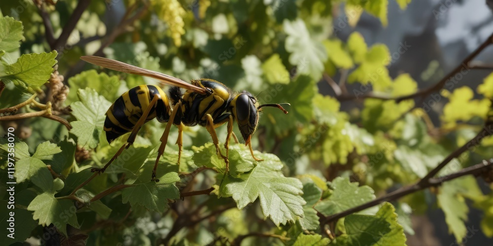 A yellow and black wasp sips from a grape on a shrub, insect, nectar, summer A yellow and black wasp sips from a grape on a shrub, insect, nectar, summer