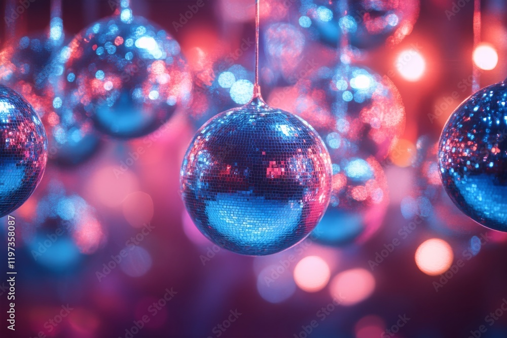 Reflective disco balls illuminate a vibrant party atmosphere with colorful lights and sparkling effects Reflective disco balls illuminate a vibrant party atmosphere with colorful lights and sparkling effects