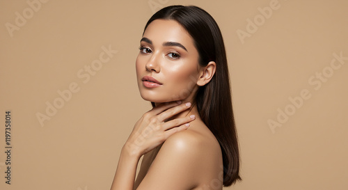 Beautiful Young Woman with Long Brown Hair Perfect Skin and Natural Makeup