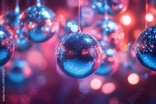 Reflective disco balls illuminate a vibrant party atmosphere with colorful li...