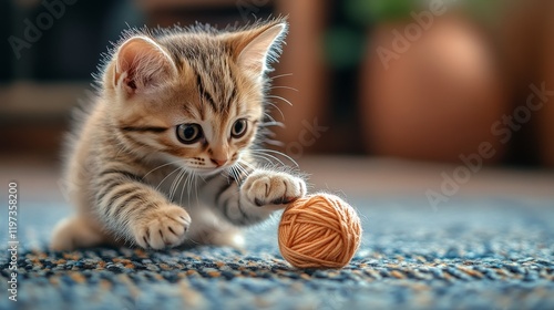 Playful kitten exploring a ball of yarn on a soft rug indoors