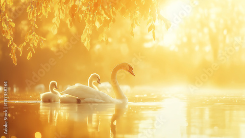 Illustration of a pair of swans floating gracefully with their cygnets on a tranquil lake at sunrise, golden reflections dancing on the water, symbolizing harmony and devotion photo