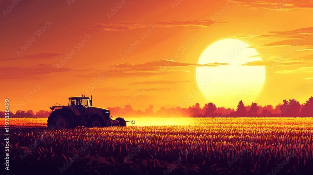 Fototapeta premium Sunset Harvest: A Tractor in a Golden Field