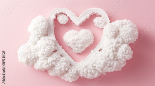 Happy Valentine's day poster or voucher. Beautiful paper cut white clouds with white heart frame on pink background
