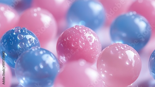Colorful water beads in pink and blue arranged closely, showcasing texture an...