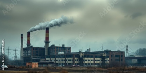 Wallpaper Mural Abandoned factory with smokestacks and polluted air, industrial decay, industrial sites, smog Torontodigital.ca