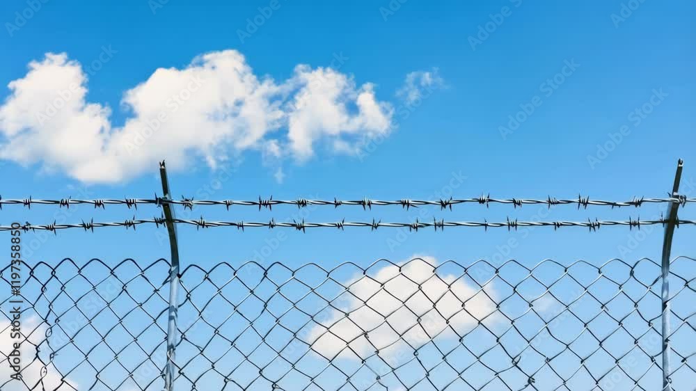 barbed wire on the fence over blue sky background barbed wire on the fence over blue sky background
