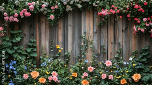 Wooden garden arbor adorned with vibrant flowers near a stone pathway in a se...