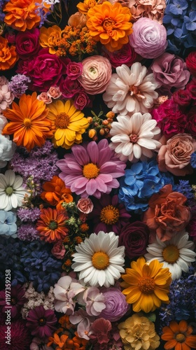 Vibrant assortment of flowers showcasing various colors and shapes in a creat...