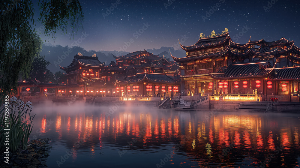 Obraz premium Traditional Chinese Night Scene for Lunar New Year