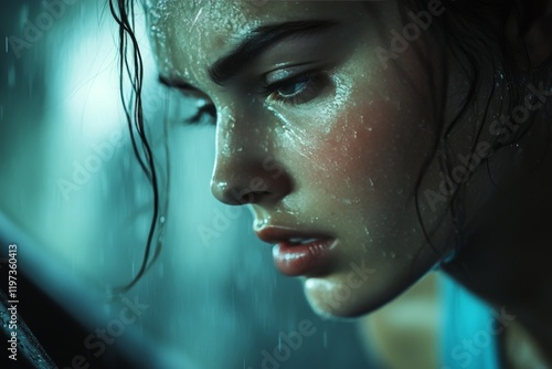 Intense close-up of a swimmer focusing before the dive in a training session ...